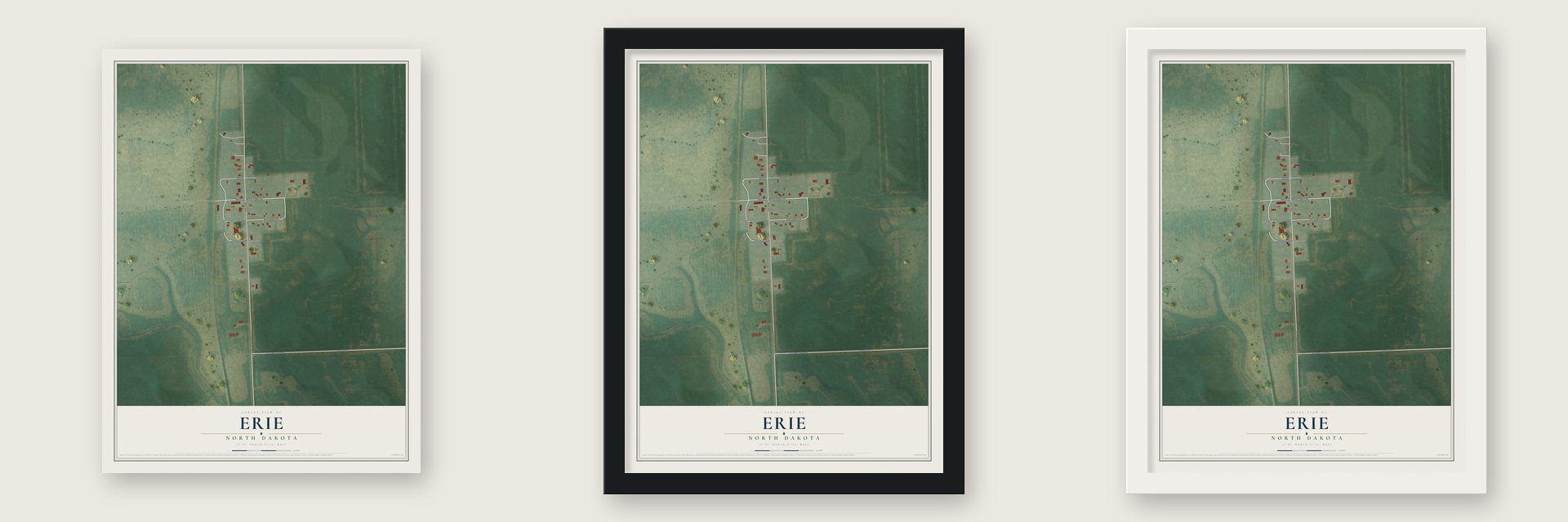 Erie, North Dakota map unframed, in a black wood frame and in a white wood frame