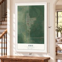 Erie, North Dakota map, 24 x 36 inch print in a white frame by a staircase