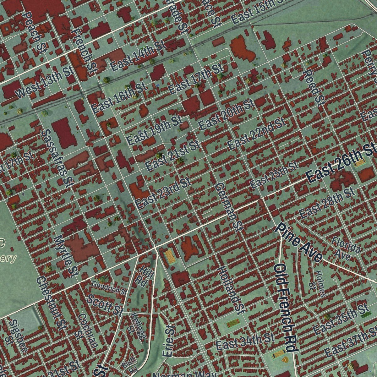 Second close-up of the map of Erie, Pennsylvania print showing more streets and buildings