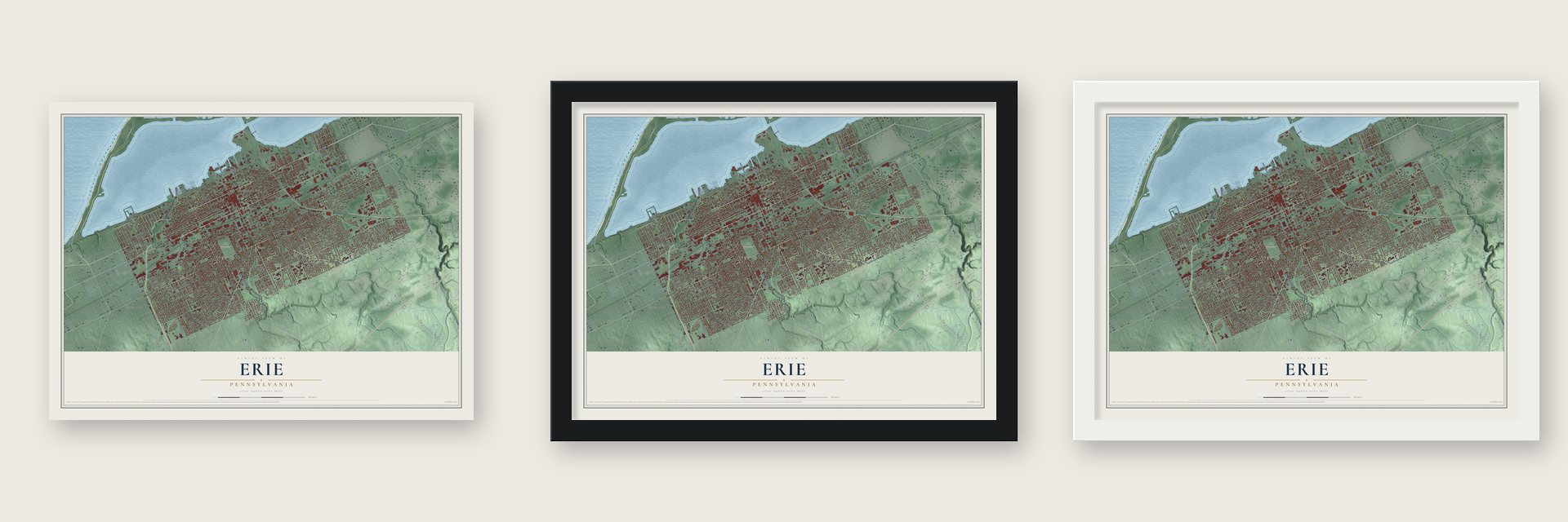Erie, Pennsylvania map unframed, in a black wood frame and in a white wood frame