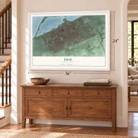 Erie, Pennsylvania map, 24 x 36 inch print in a white frame above a dresser by a staircase