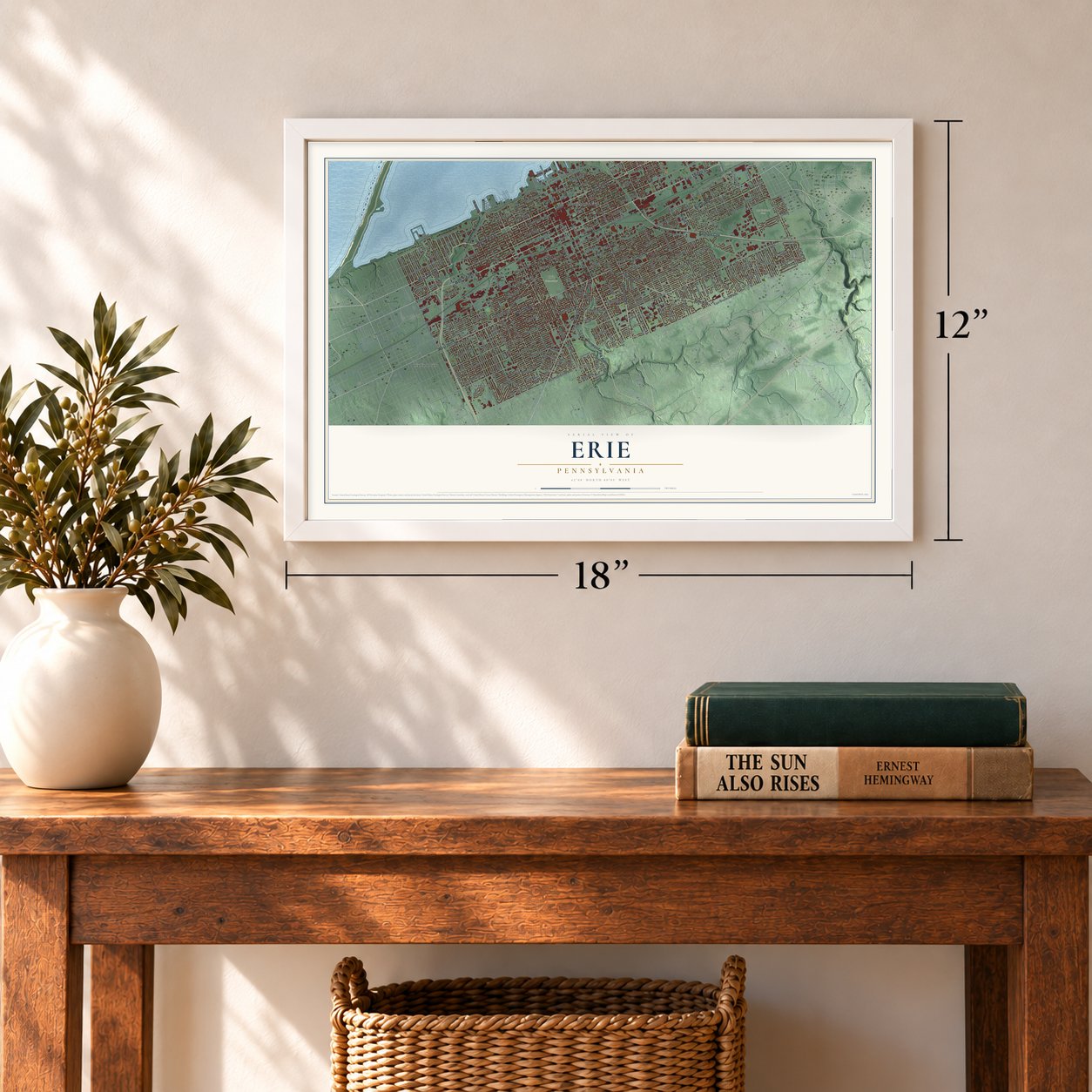 Erie, Pennsylvania map, 12 x 18 inch print in a white frame in an entryway