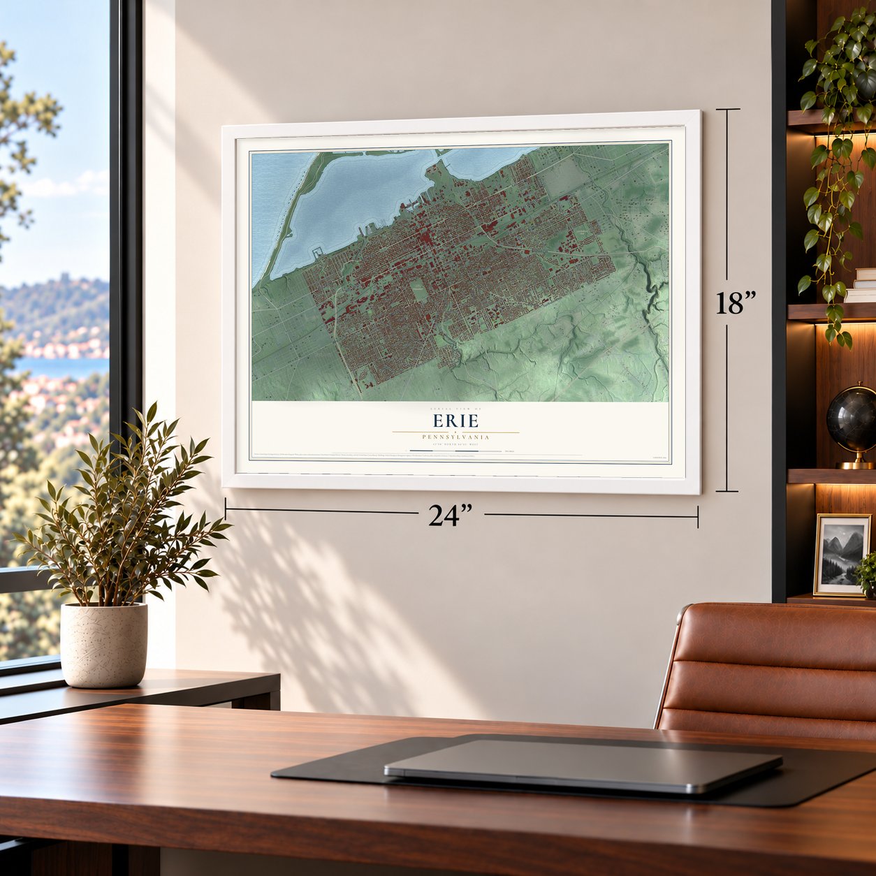 Erie, Pennsylvania map, 18 x 24 inch print in a white frame in a home office