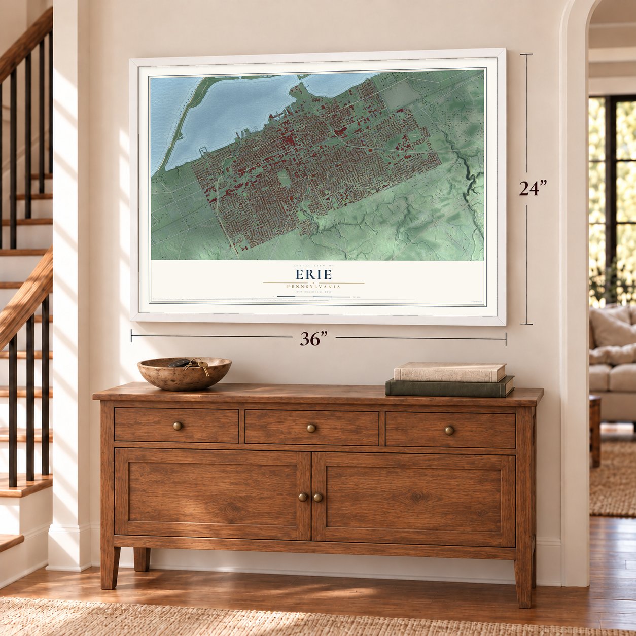 Erie, Pennsylvania map, 24 x 36 inch print in a white frame above a dresser by a staircase