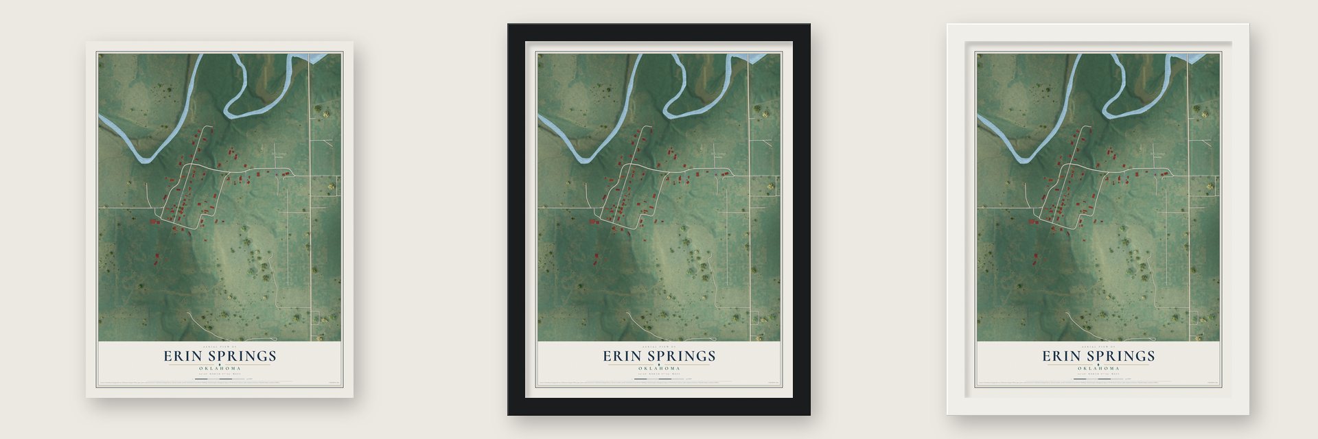 Erin Springs, Oklahoma map unframed, in a black wood frame and in a white wood frame