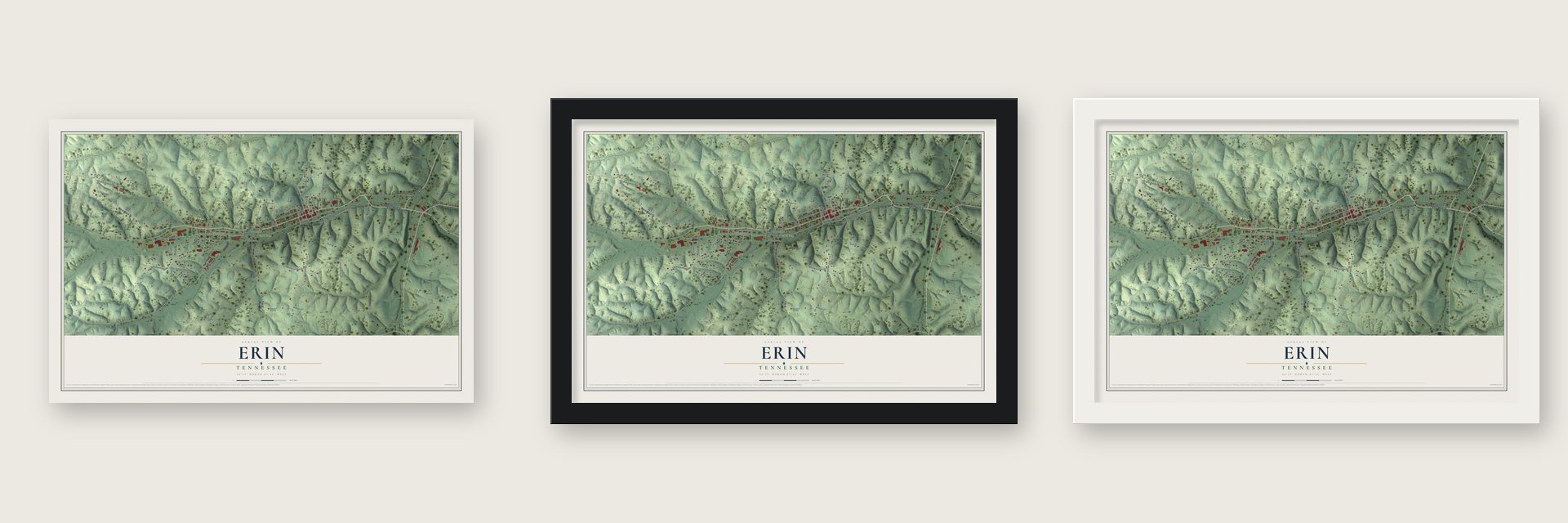 Erin, Tennessee map unframed, in a black wood frame and in a white wood frame