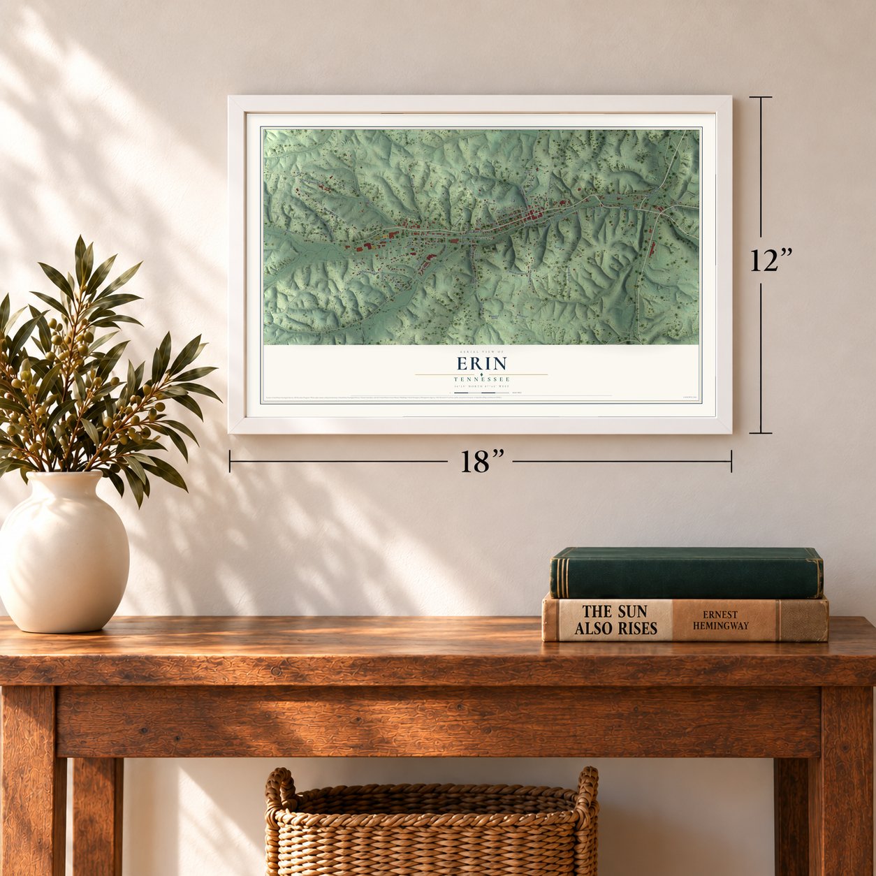 Erin, Tennessee map, 12 x 18 inch print in a white frame in an entryway
