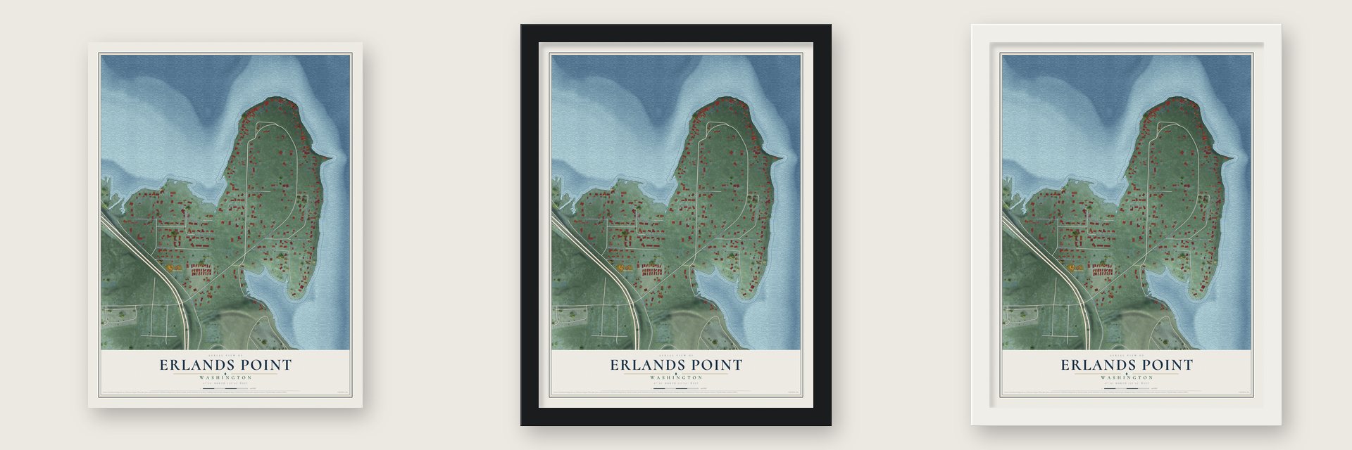 Erlands Point, Washington map unframed, in a black wood frame and in a white wood frame