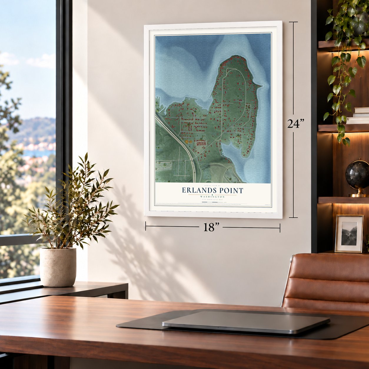 Erlands Point, Washington map, 18 x 24 inch print in a white frame in a home office
