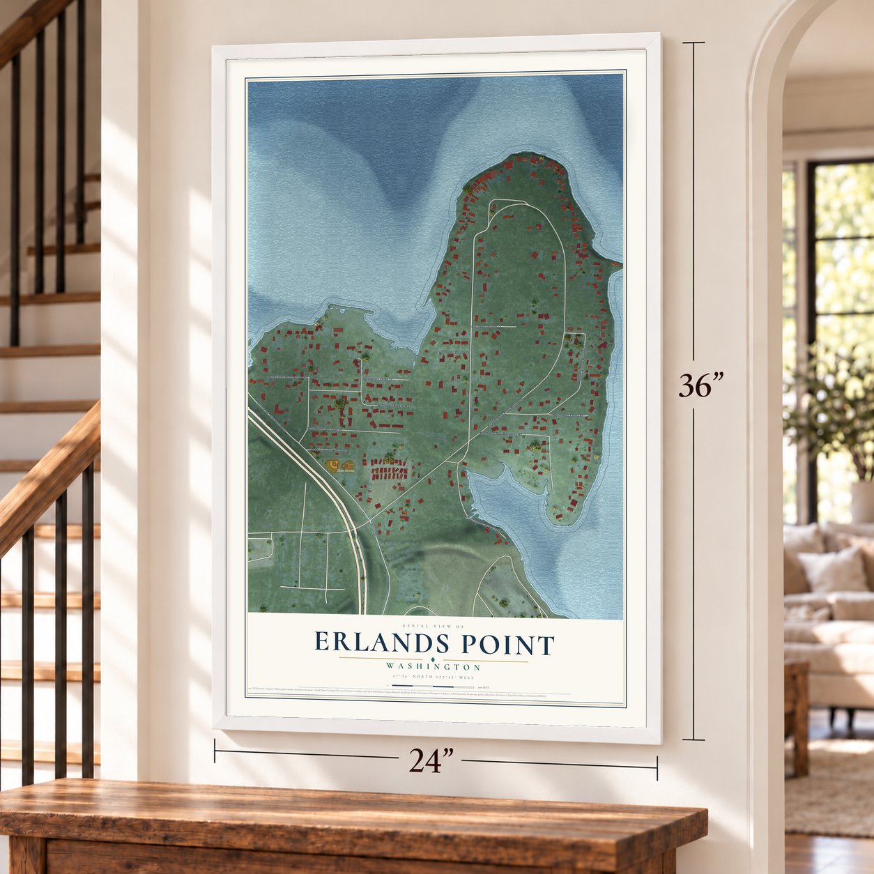 Erlands Point, Washington map, 24 x 36 inch print in a white frame by a staircase