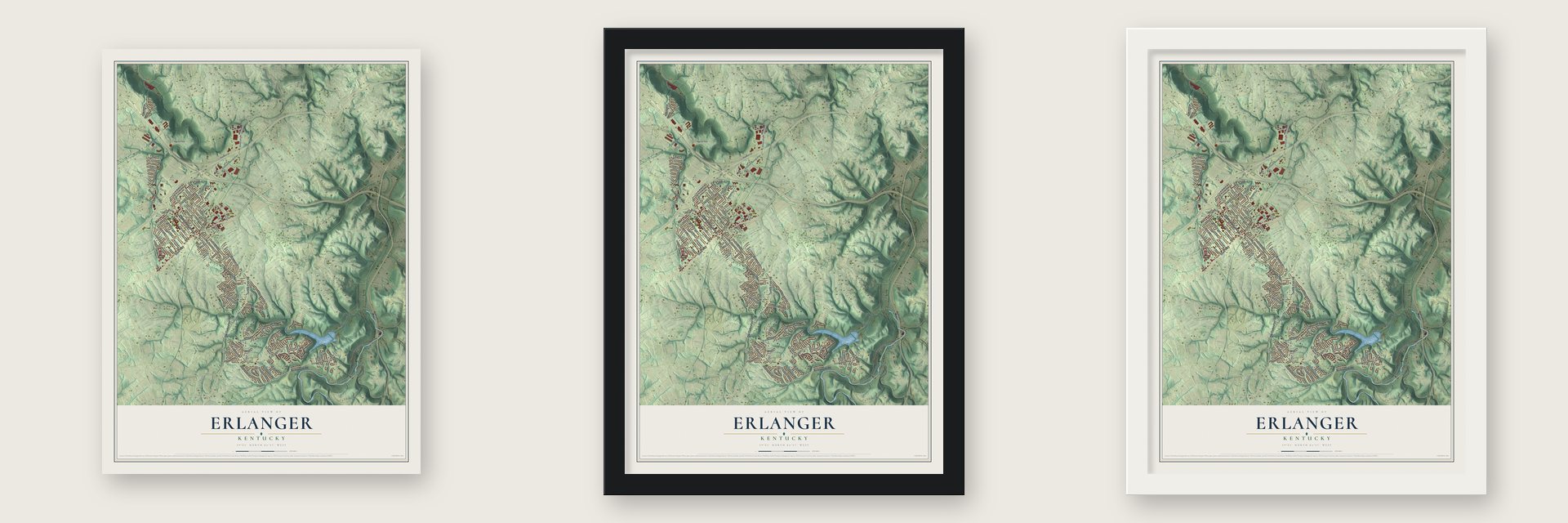 Erlanger, Kentucky map unframed, in a black wood frame and in a white wood frame