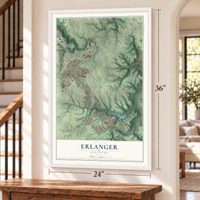 Erlanger, Kentucky map, 24 x 36 inch print in a white frame by a staircase