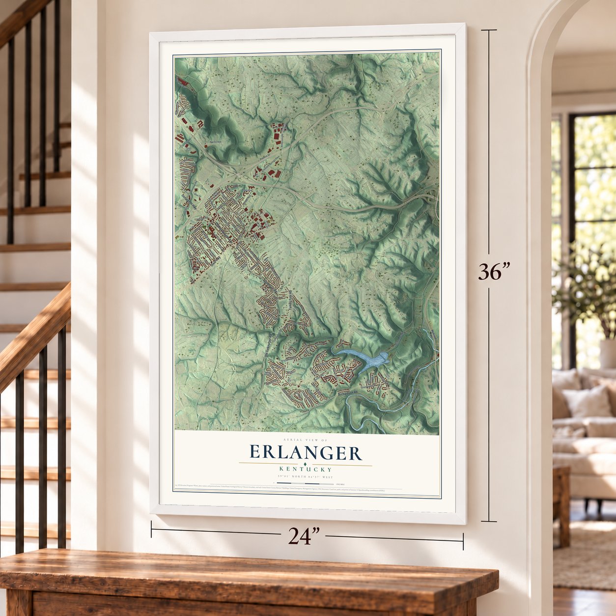 Erlanger, Kentucky map, 24 x 36 inch print in a white frame by a staircase