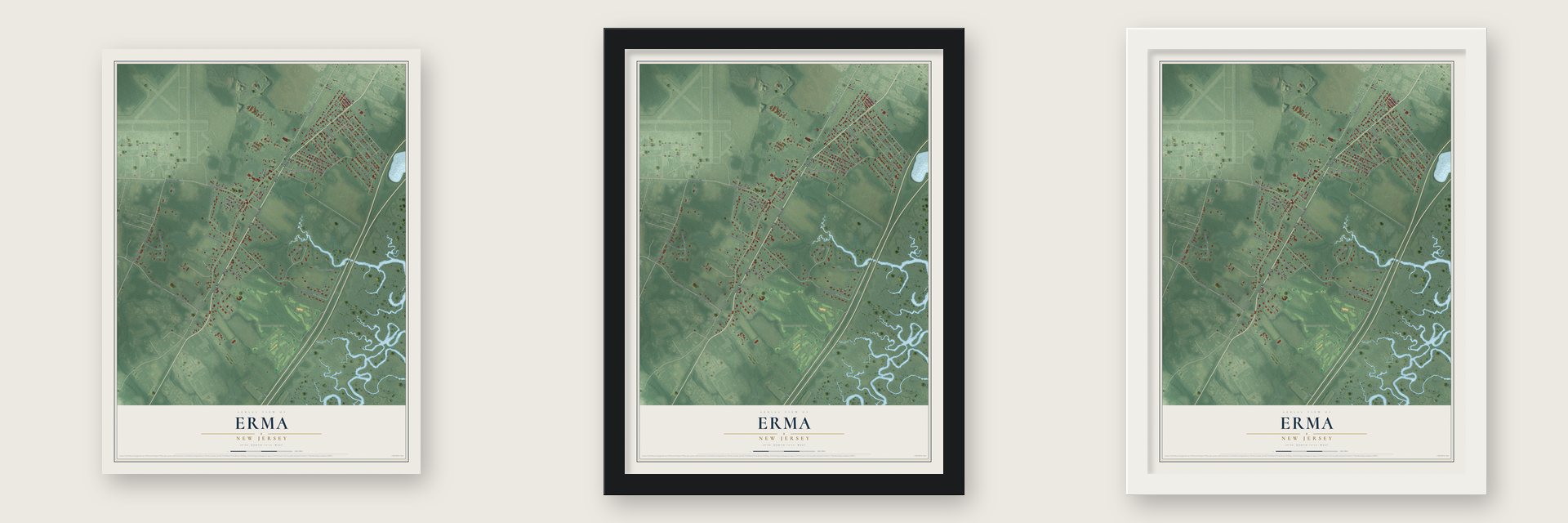 Erma, New Jersey map unframed, in a black wood frame and in a white wood frame