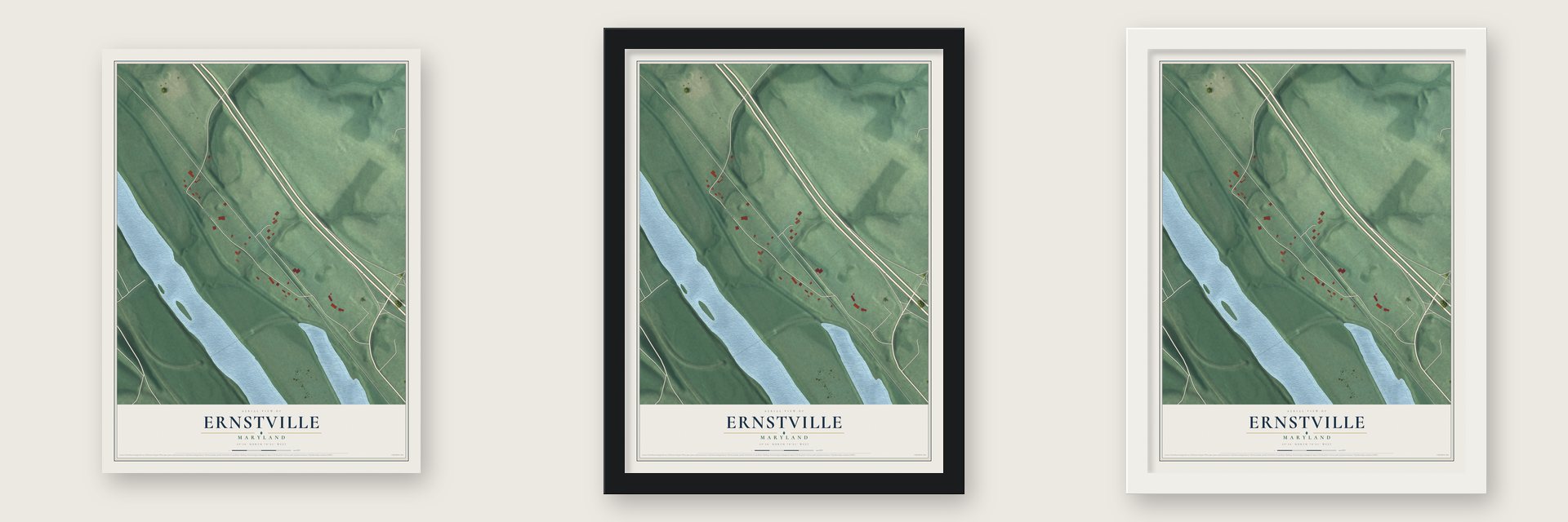 Ernstville, Maryland map unframed, in a black wood frame and in a white wood frame