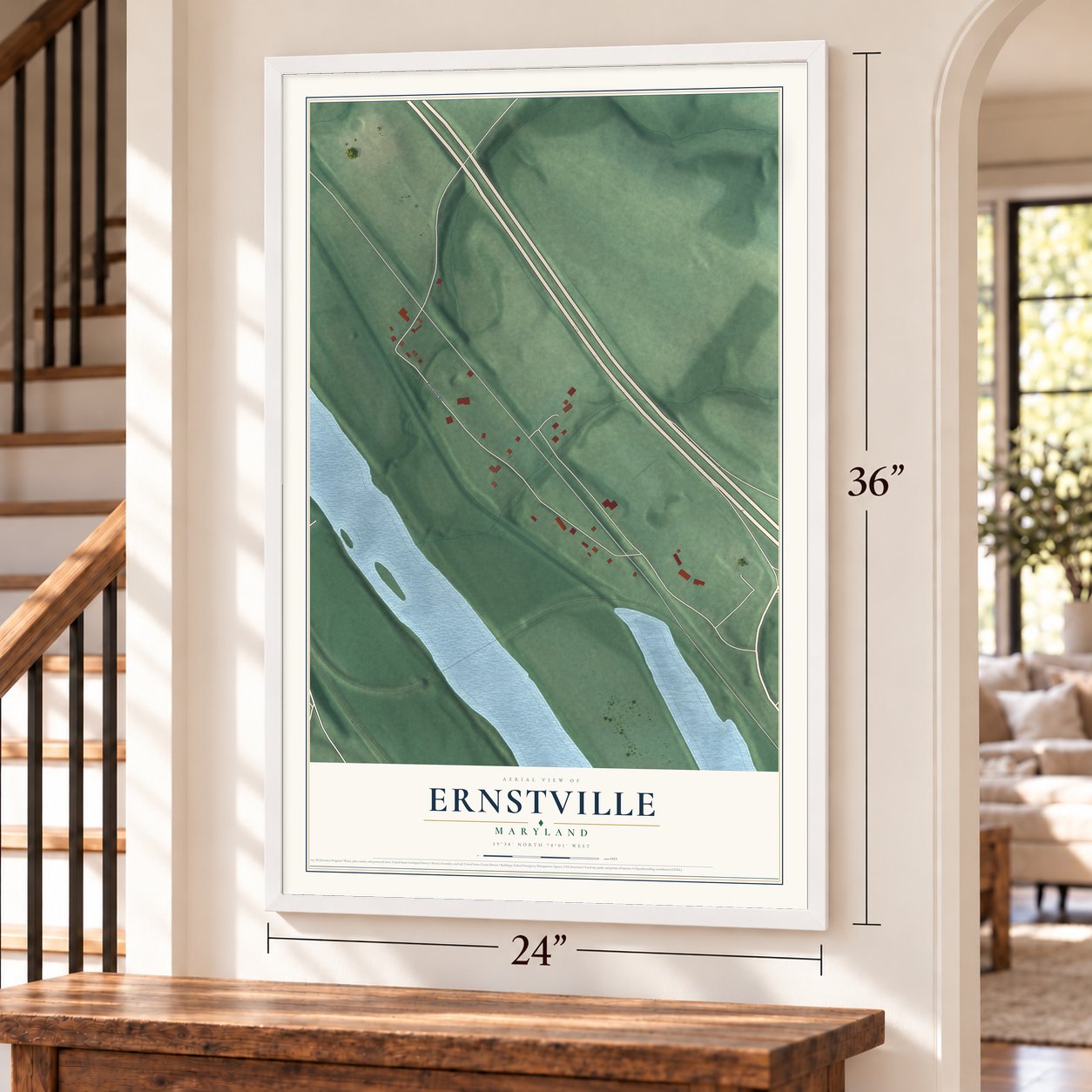 Ernstville, Maryland map, 24 x 36 inch print in a white frame by a staircase