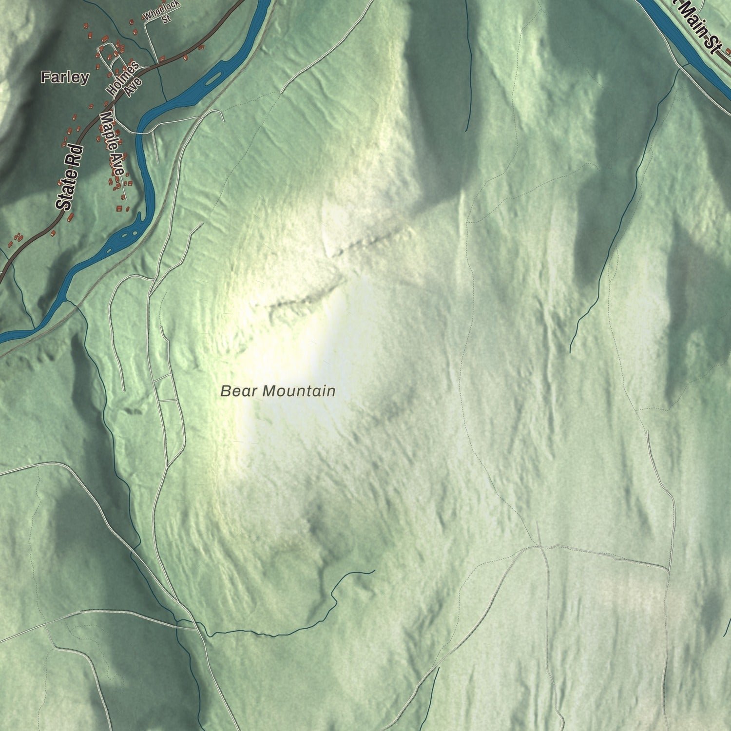 Close-up of the map of Erving, Massachusetts print showing terrain and local geography