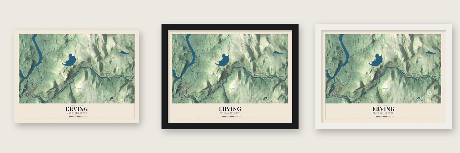 Erving, Massachusetts map unframed, in a black wood frame and in a white wood frame