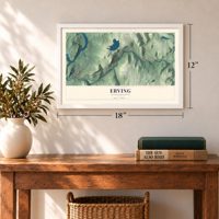 Erving, Massachusetts map, 12 x 18 inch print in a white frame in an entryway