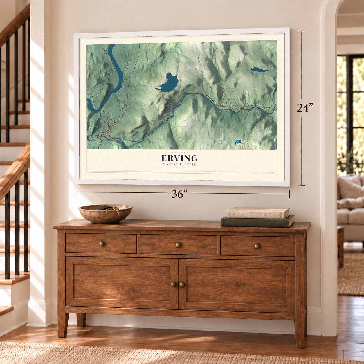 Erving, Massachusetts map, 24 x 36 inch print in a white frame above a dresser by a staircase