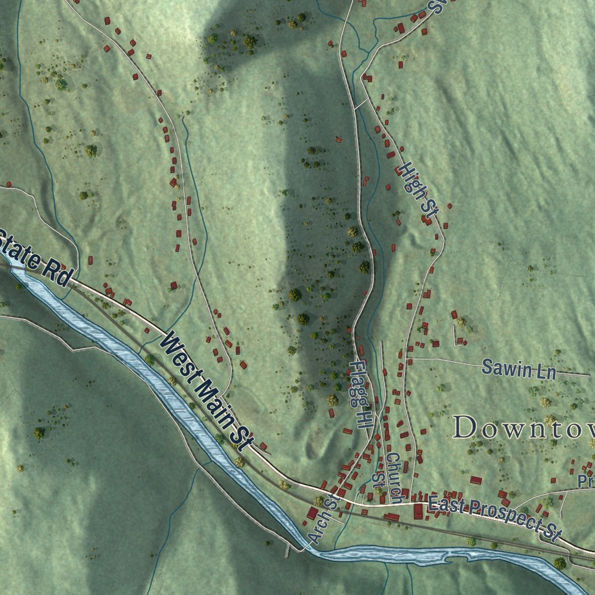 Second close-up of the map of Erving, Massachusetts print showing more streets and buildings