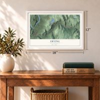 Erving, Massachusetts map, 12 x 18 inch print in a white frame in an entryway