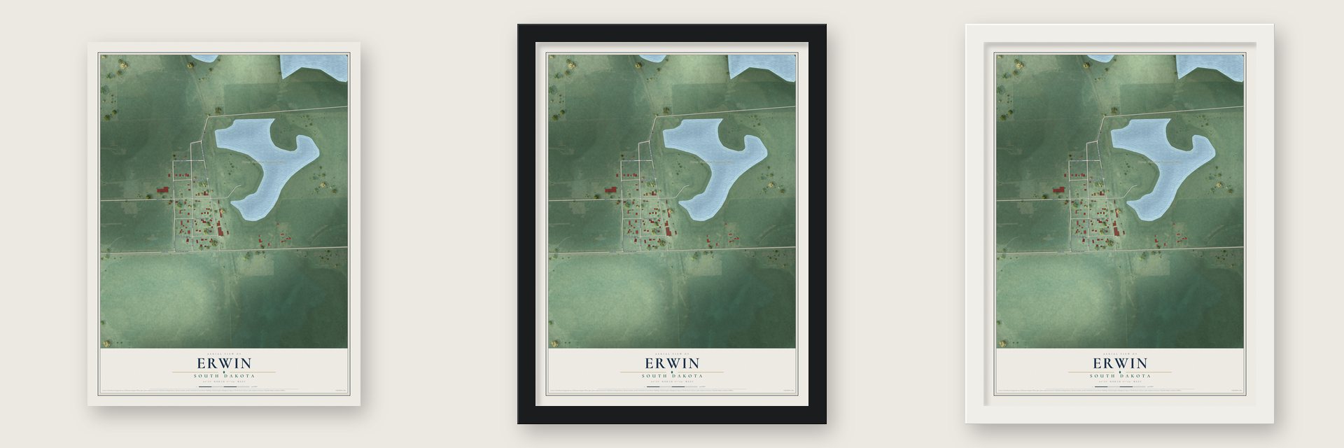 Erwin, South Dakota map unframed, in a black wood frame and in a white wood frame