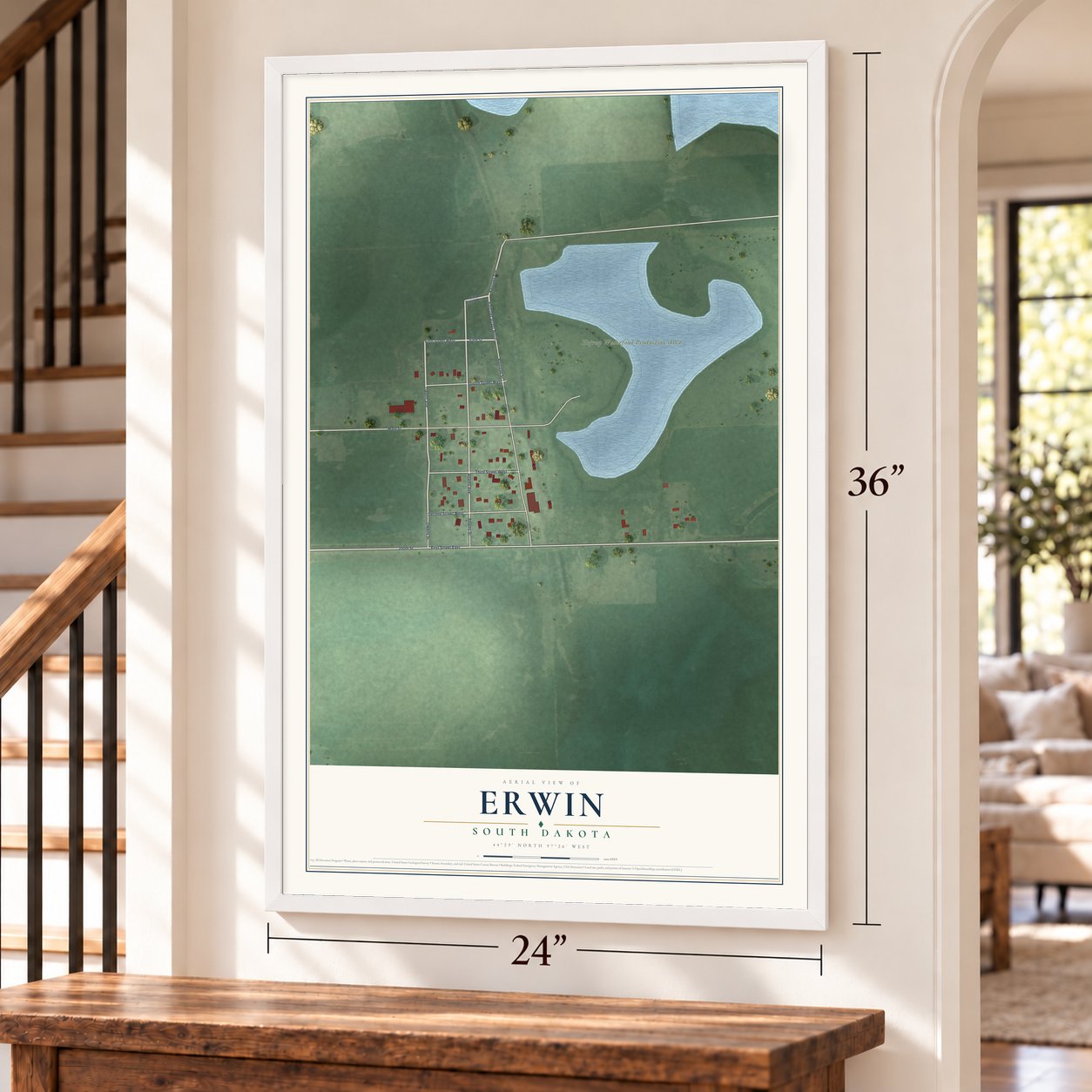 Erwin, South Dakota map, 24 x 36 inch print in a white frame by a staircase