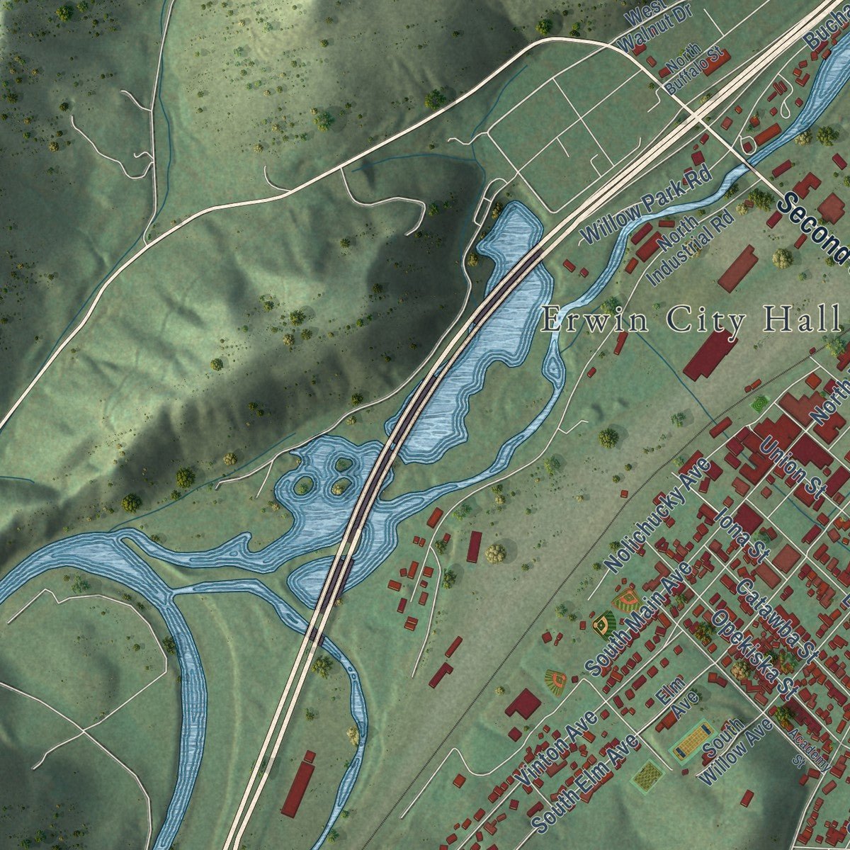 Second close-up of the map of Erwin, Tennessee print showing more streets and buildings