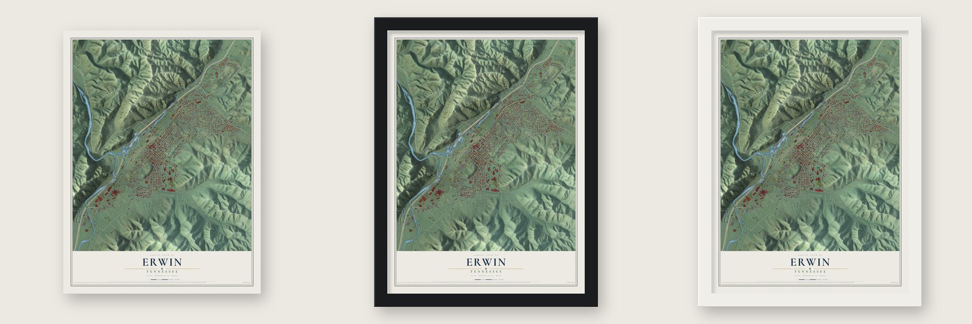 Erwin, Tennessee map unframed, in a black wood frame and in a white wood frame