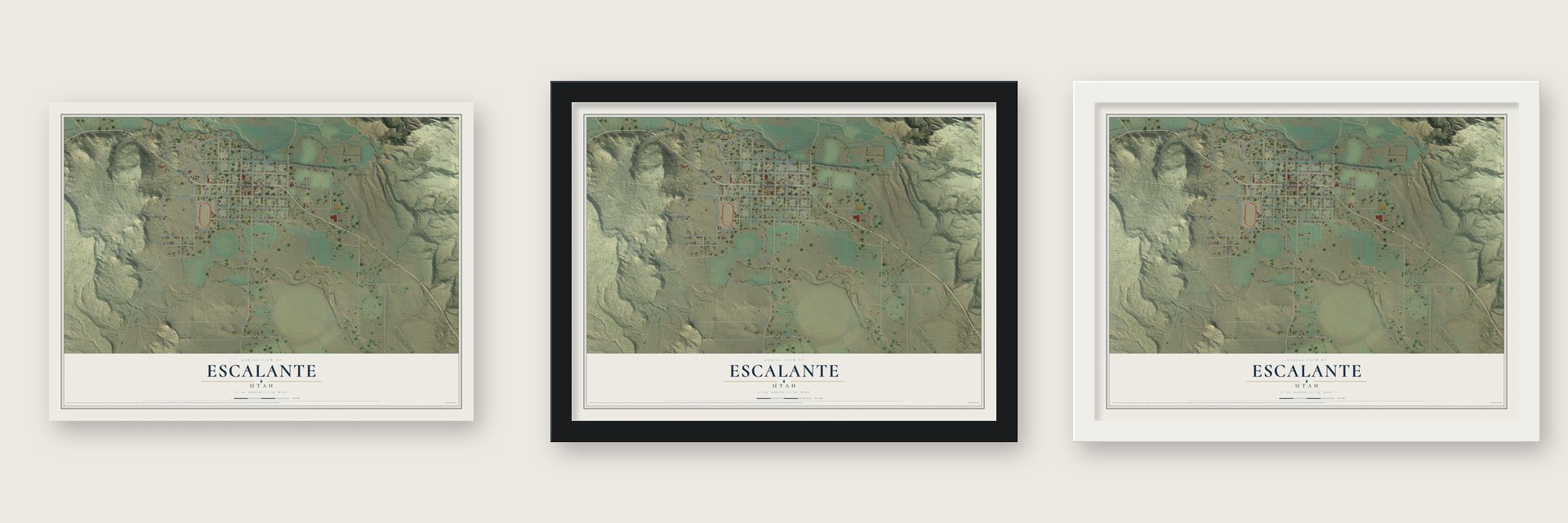 Escalante, Utah map unframed, in a black wood frame and in a white wood frame