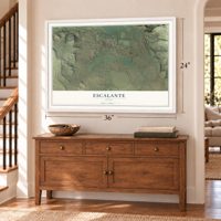 Escalante, Utah map, 24 x 36 inch print in a white frame above a dresser by a staircase