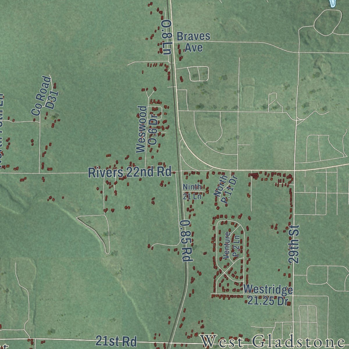 Second close-up of the map of Escanaba, Delta County, Michigan print showing more streets and buildings