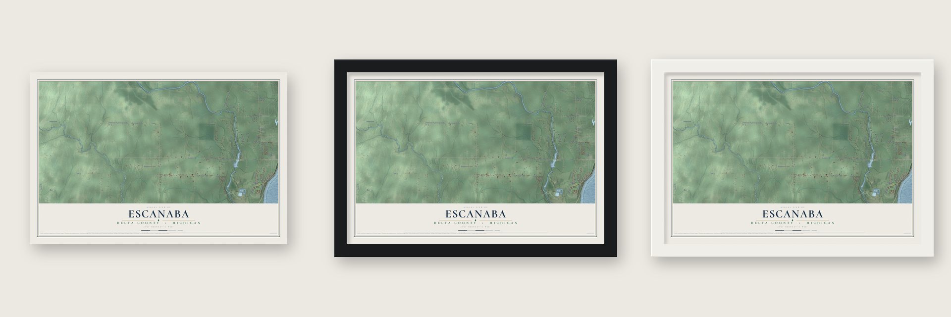 Escanaba, Delta County, Michigan map unframed, in a black wood frame and in a white wood frame