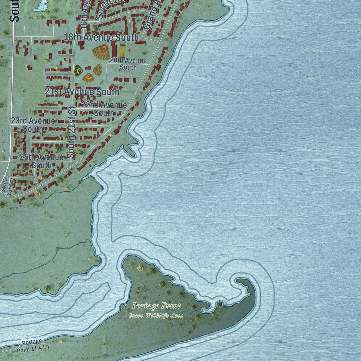 Second close-up of the map of Escanaba, Michigan print showing more streets and buildings
