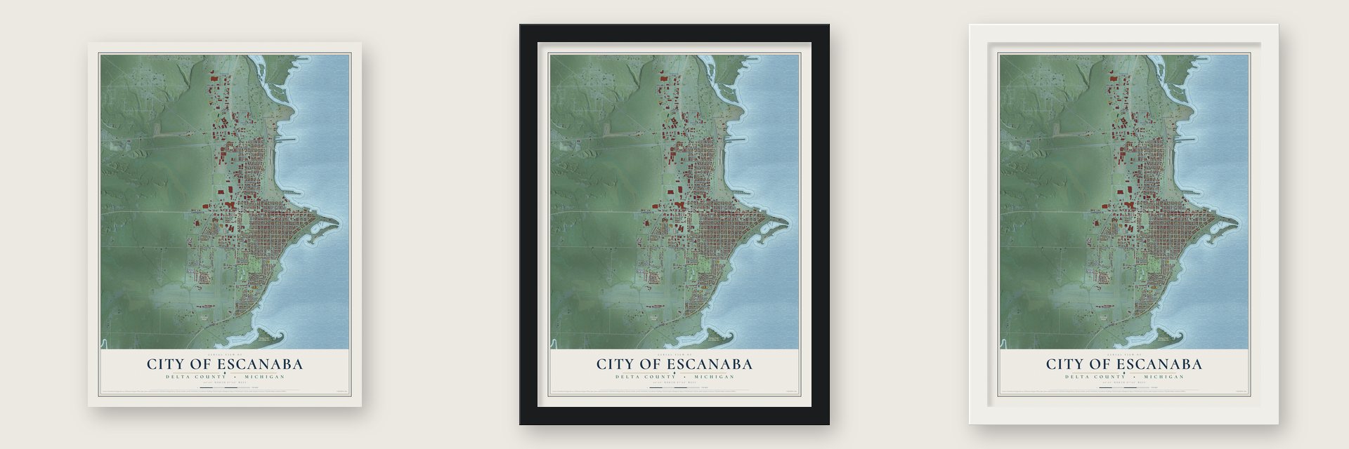 Escanaba, Michigan map unframed, in a black wood frame and in a white wood frame