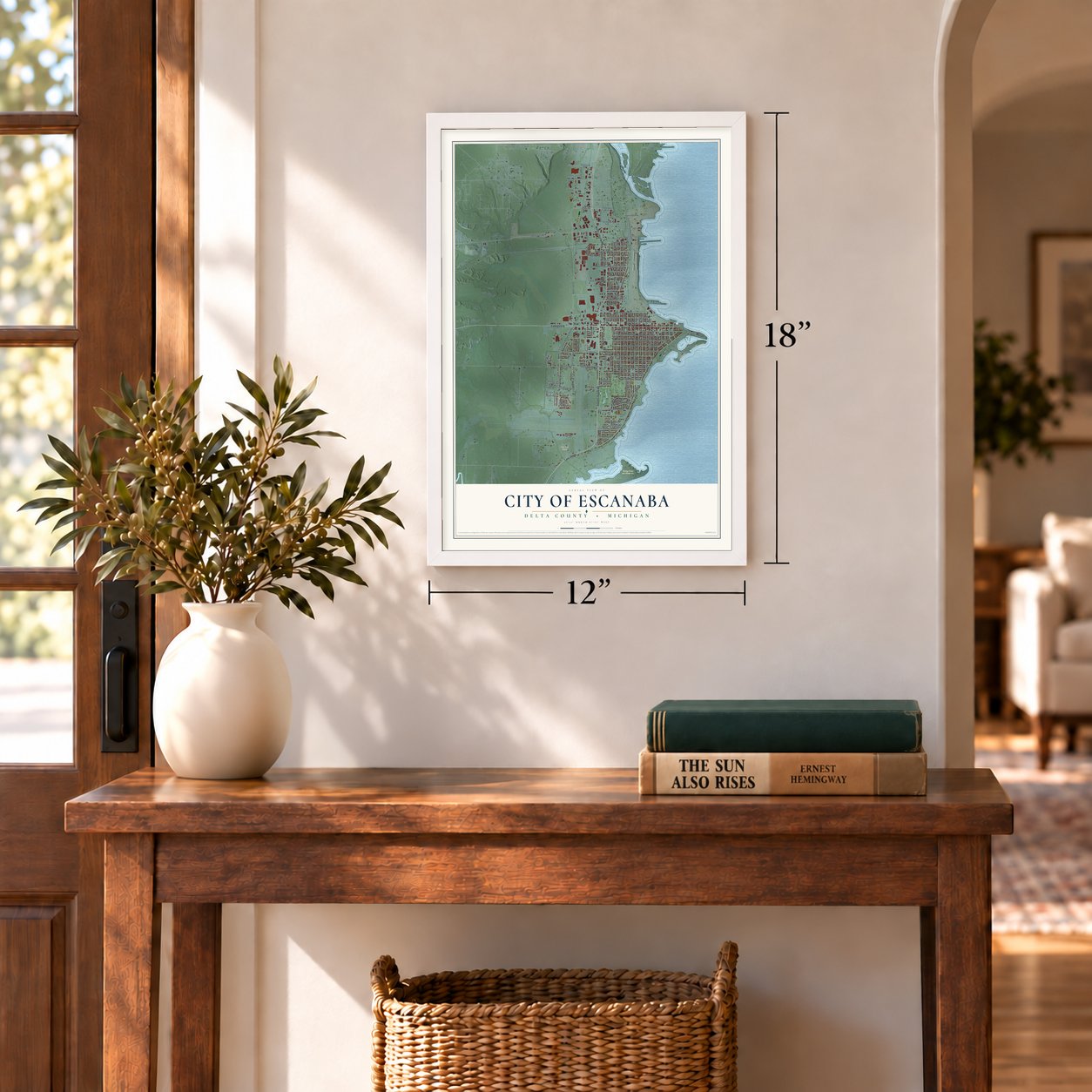Escanaba, Michigan map, 12 x 18 inch print in a white frame in an entryway