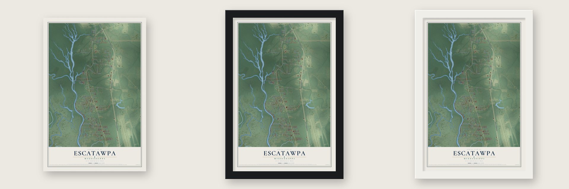 Escatawpa, Mississippi map unframed, in a black wood frame and in a white wood frame