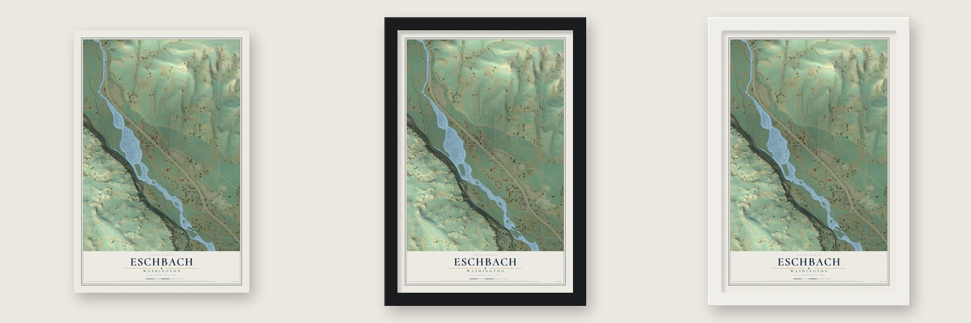 Eschbach, Washington map unframed, in a black wood frame and in a white wood frame