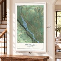 Eschbach, Washington map, 24 x 36 inch print in a white frame by a staircase