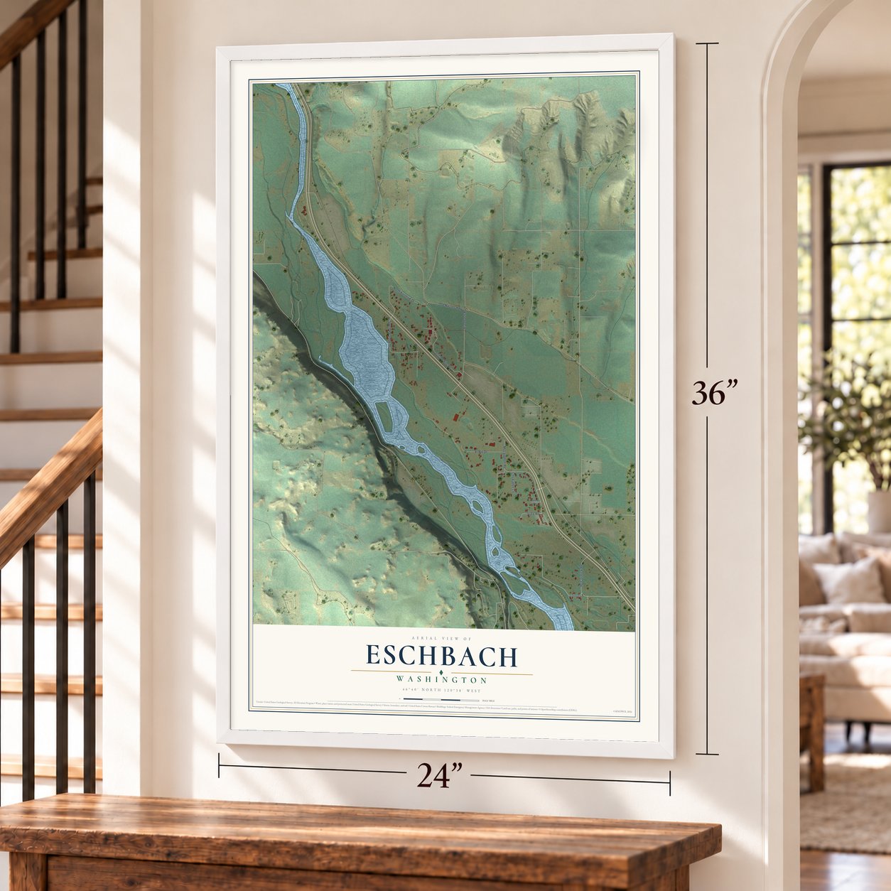 Eschbach, Washington map, 24 x 36 inch print in a white frame by a staircase