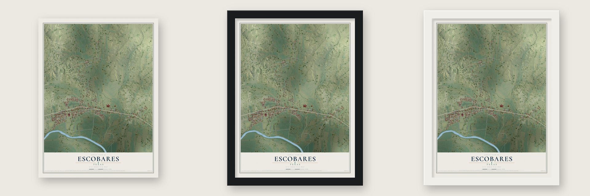 Escobares, Texas map unframed, in a black wood frame and in a white wood frame