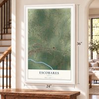 Escobares, Texas map, 24 x 36 inch print in a white frame by a staircase