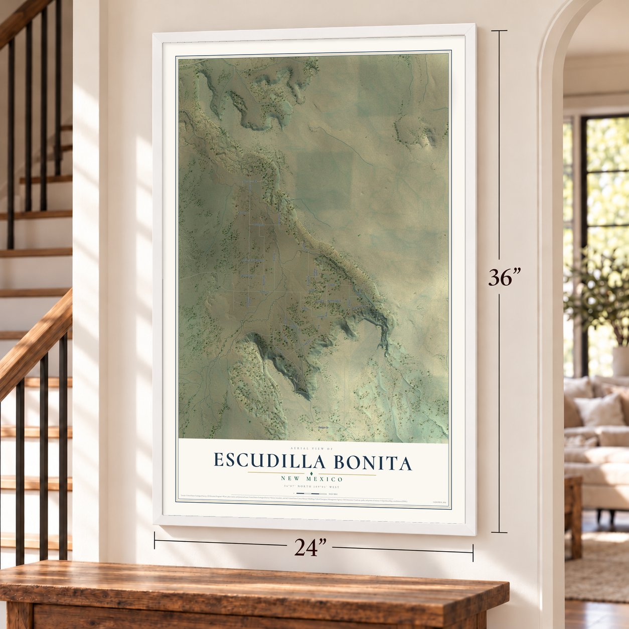 Escudilla Bonita, New Mexico map, 24 x 36 inch print in a white frame by a staircase