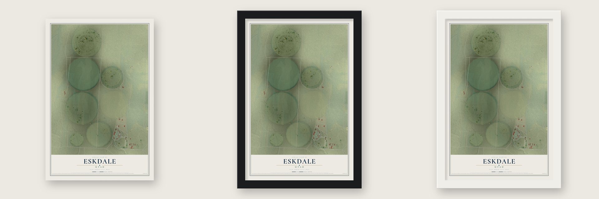 Eskdale, Utah map unframed, in a black wood frame and in a white wood frame
