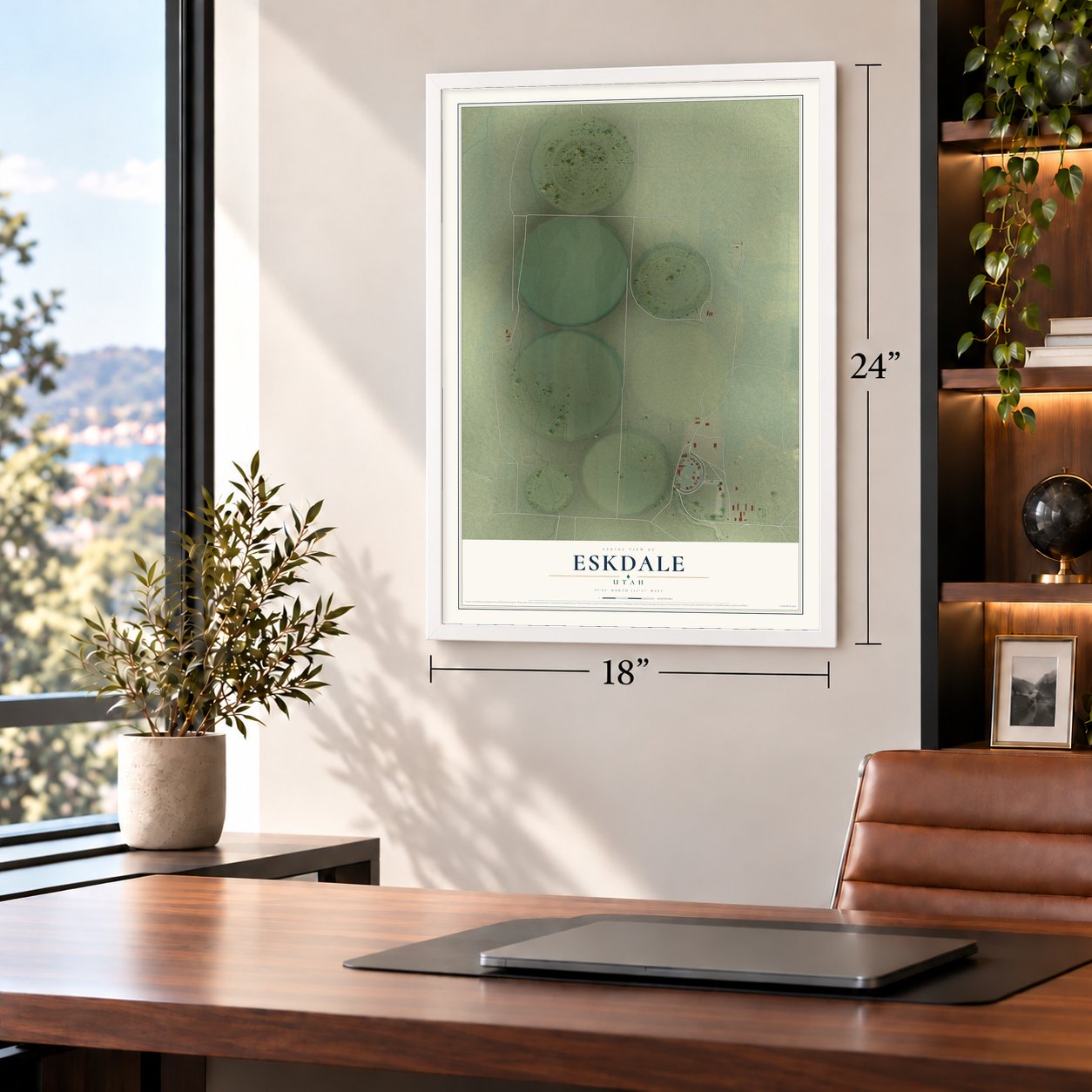 Eskdale, Utah map, 18 x 24 inch print in a white frame in a home office