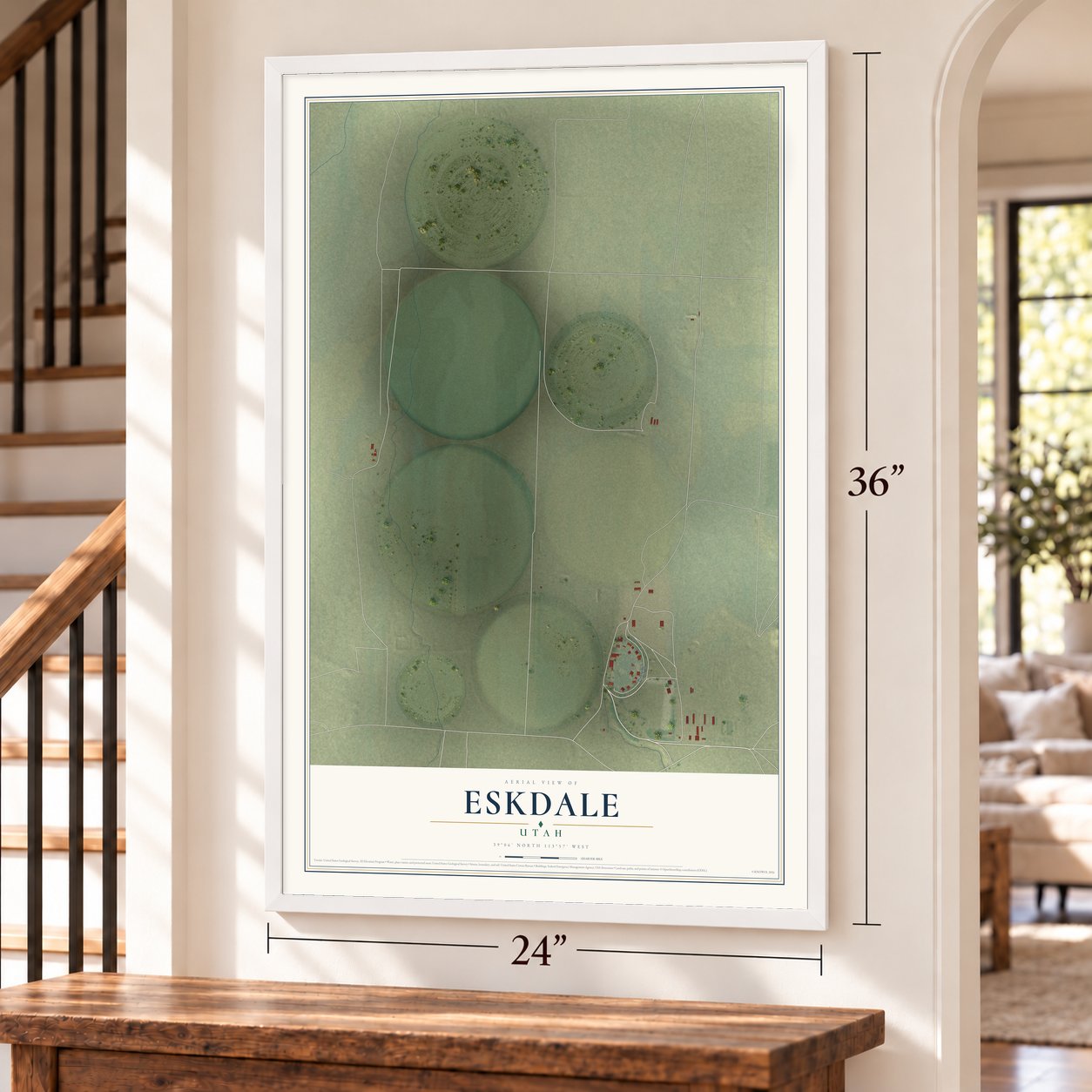 Eskdale, Utah map, 24 x 36 inch print in a white frame by a staircase