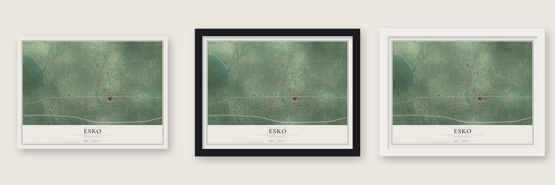 Esko, Minnesota map unframed, in a black wood frame and in a white wood frame