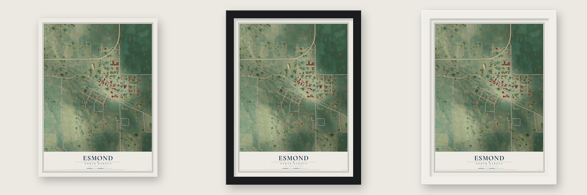 Esmond, North Dakota map unframed, in a black wood frame and in a white wood frame