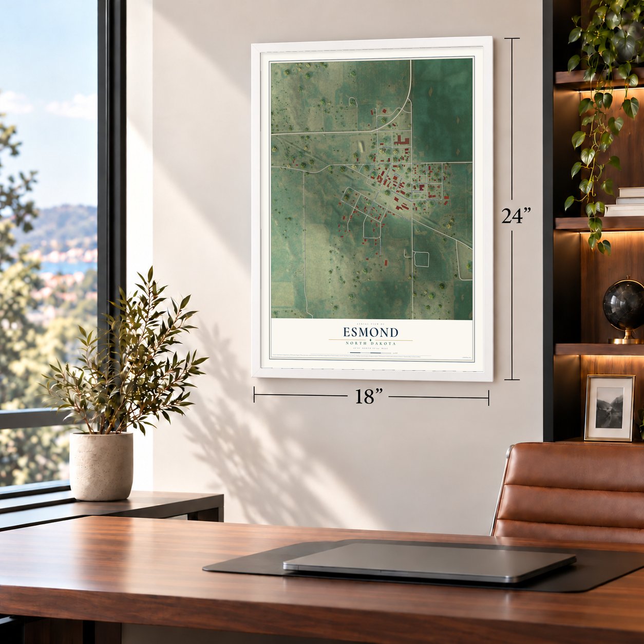 Esmond, North Dakota map, 18 x 24 inch print in a white frame in a home office